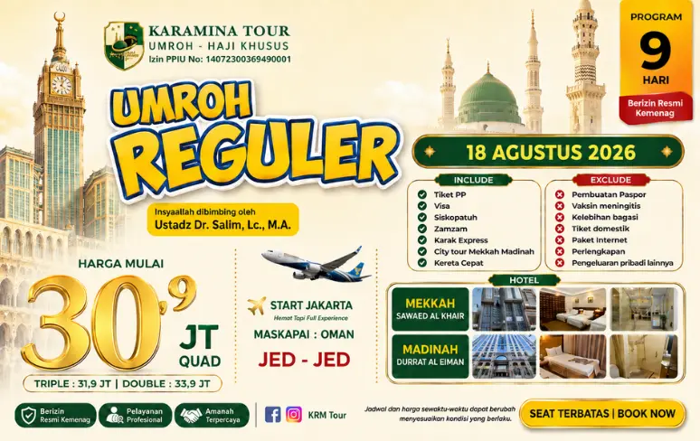 Paket Umroh Reguler 9 Hari Bulan Agustus 2026