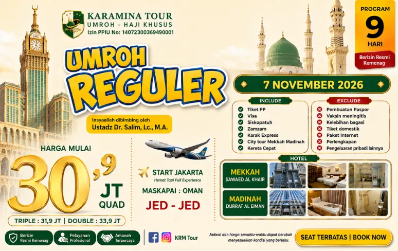Paket Umroh Reguler 9 Hari Bulan November 2026