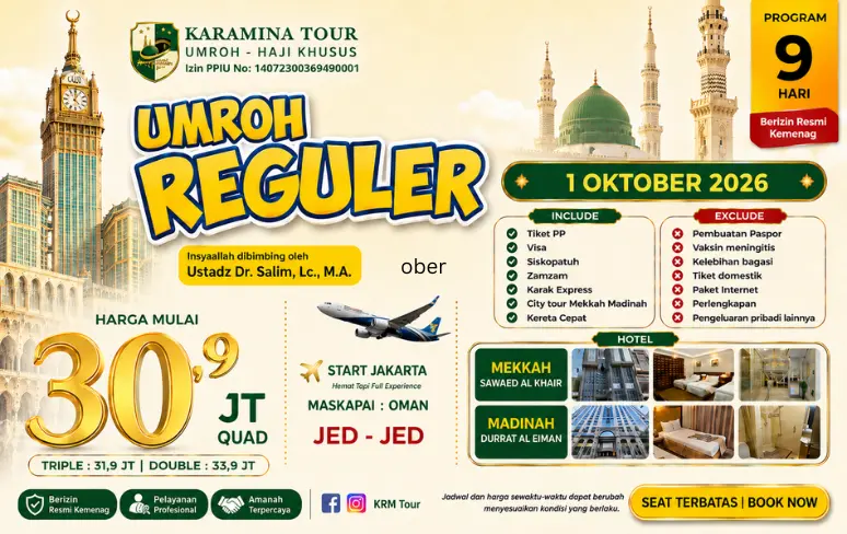 Paket Umroh Reguler 9 Hari Bulan Oktober 2026