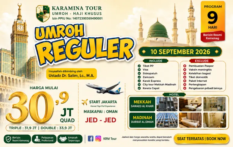 Paket Umroh Reguler 9 Hari Bulan September 2026